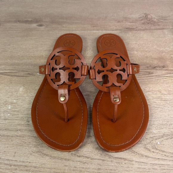 Tory Burch Shoes - Tory Burch Miller Leather Logo Thong Sandals Tan Womens 9.5